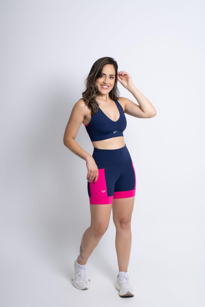 Conjunto Top e Short DuoFit Com Bolso Corrida - Azul M.-Rosa, P