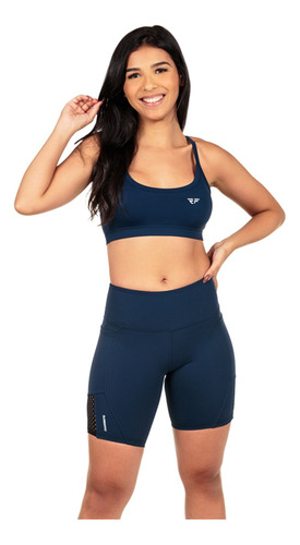 Conjunto Top E Short Tela Com Bolso Para Corrida Fitness - Azul Marinho, P 36-38